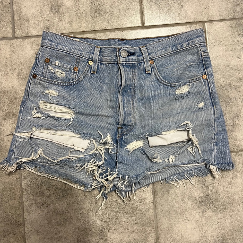 Levi 501 Distressed High Rise Shorts - Picture 3 of 5